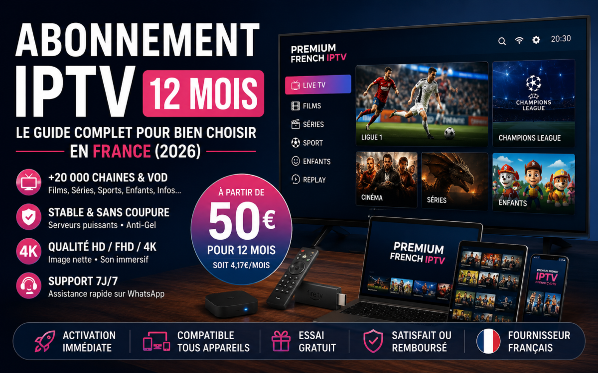 Bannière IPTV 12 mois France 2026 montrant interface Smart TV avec chaînes live, films et sport en streaming 4K sans coupure, compatible Android TV, Firestick et mobile