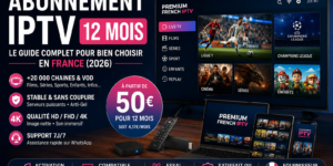 Bannière IPTV 12 mois France 2026 montrant interface Smart TV avec chaînes live, films et sport en streaming 4K sans coupure, compatible Android TV, Firestick et mobile