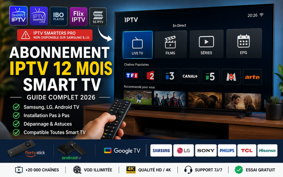 Abonnement IPTV 12 mois Smart TV 2026 en France, installation sur Samsung, LG et Android TV avec applications IPTV, chaînes TV, films et interface moderne